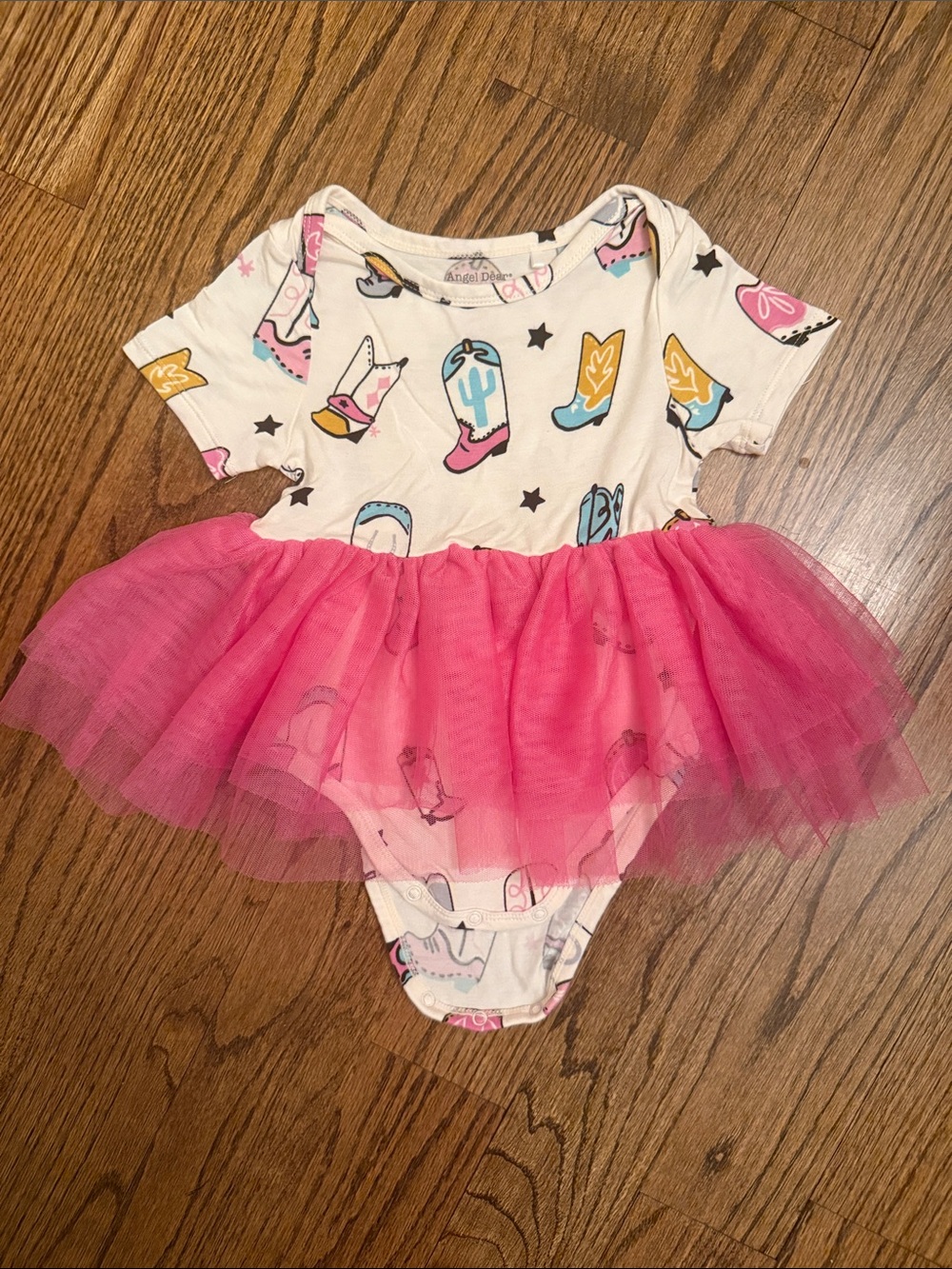 Angel Dear Pink Tulle Baby Onesie with Western Boot Print: 12-18M